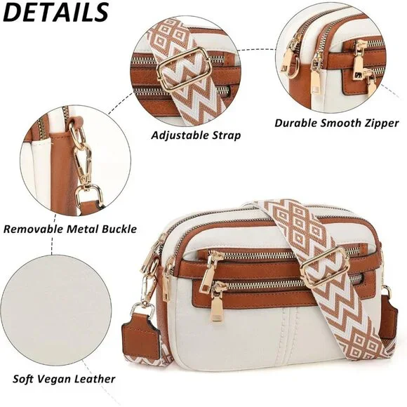 6-Pocket Crossbody Bags for Women, Vegan Leather Shoulder Handbags White Travel - Picture 4 of 7